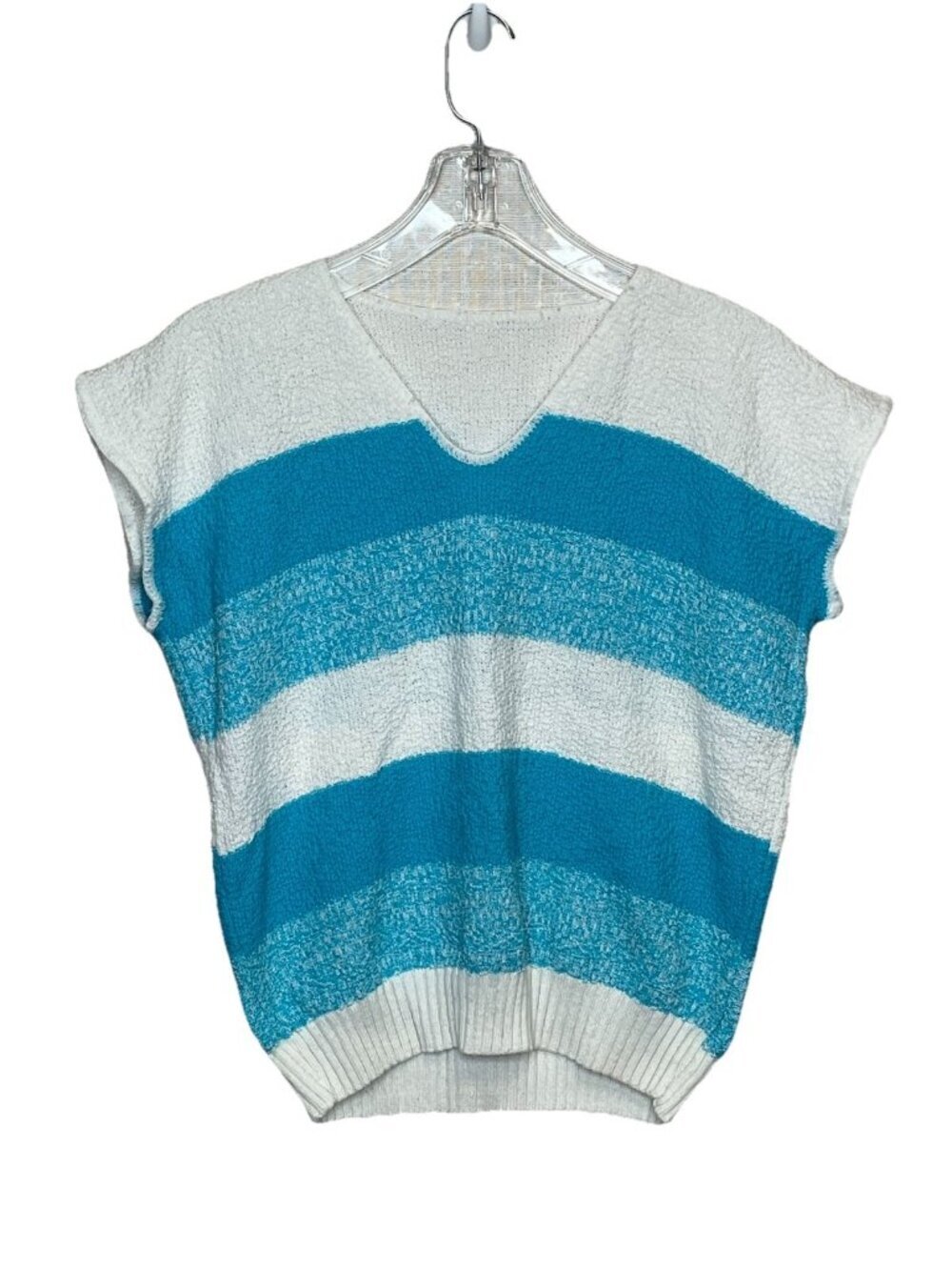 Blue White Striped Knit Sweater Top Short Sleeve M Texture Coastal Beachy Resort